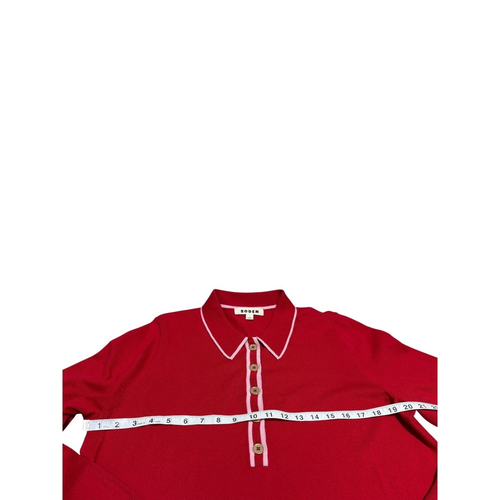 Boden Red Pink Trim Collared Knit Sweater Large Cotton Wool Blend Preppy Top - Picture 7 of 9